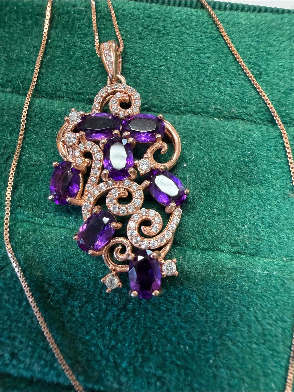 Elegant Rose Gold Pendant Necklace with Purple Gemstones